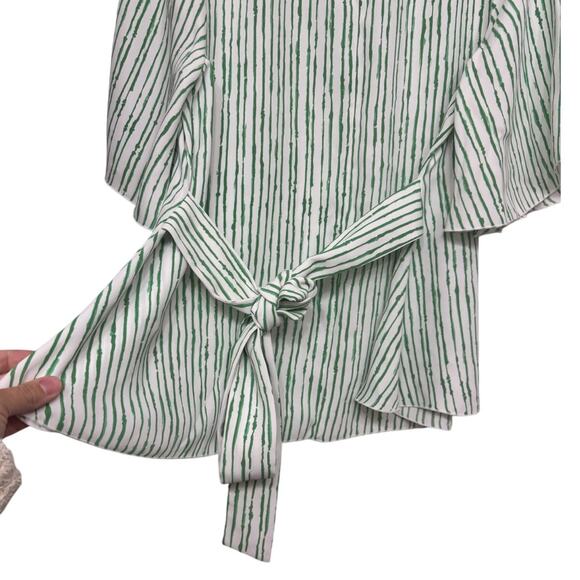 Aritzia Babaton Green White Striped Tie Waist Blouse Top Size L Flutter Sleeve - Picture 3 of 7